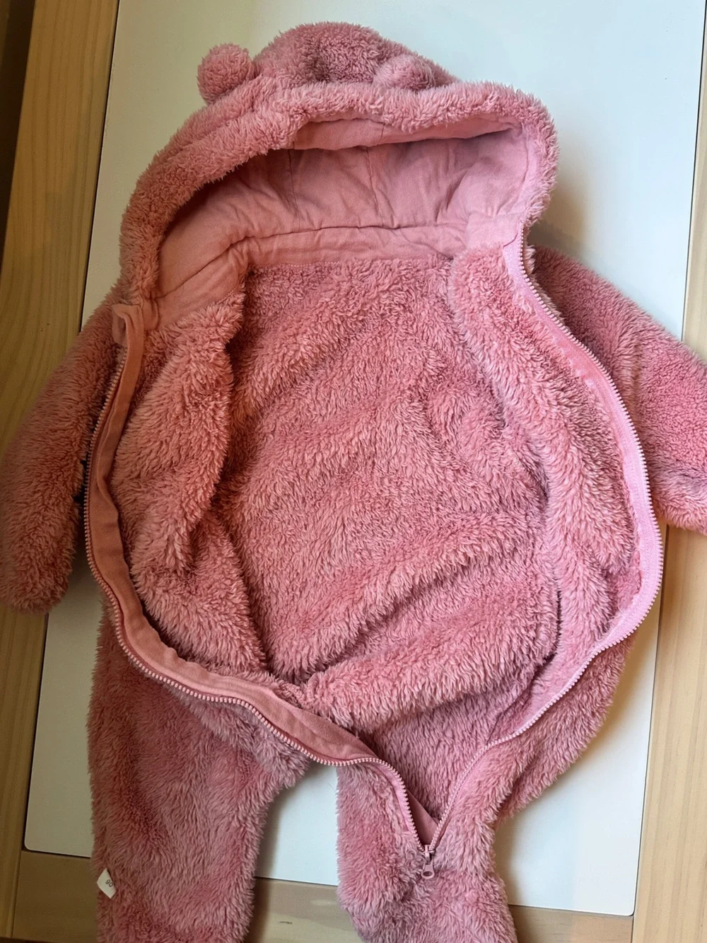 Pink Fleece Zip-up Footie Romper Winter Snowsuit with Bear Ear Hood 12-18m